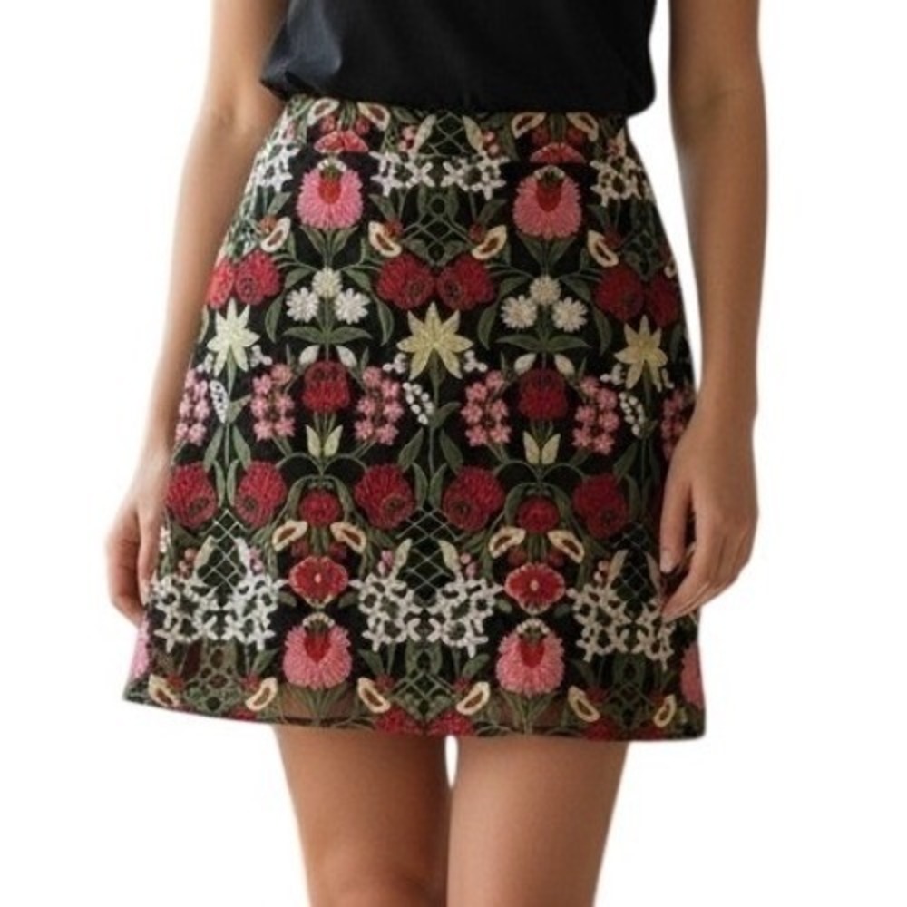 LUCY PARIS Embroidered Floral Lace‎ A Line Mini Skirt Black Red Pink  Size S